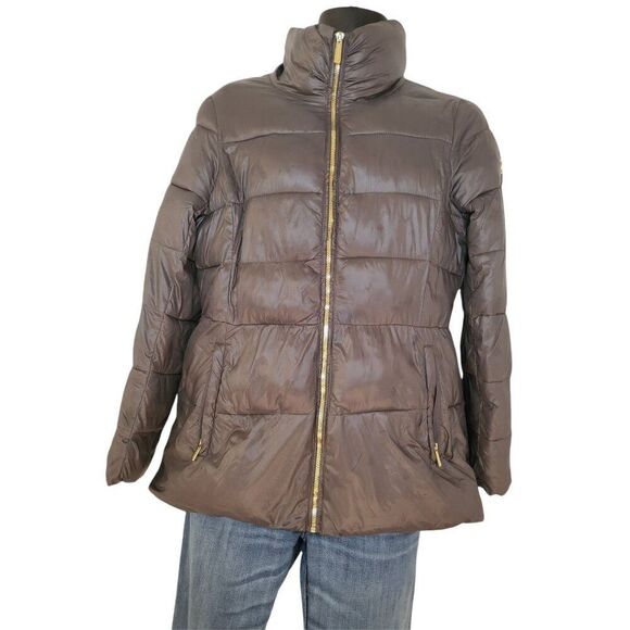 Michael Kors Puffer Coat Women Sz M Winter Nylon Full Zip Outerwear Brown School - Picture 1 of 4